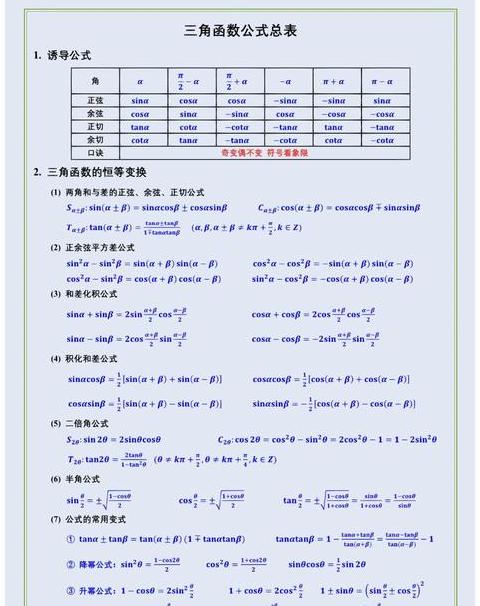 高中三角函数公式全解析